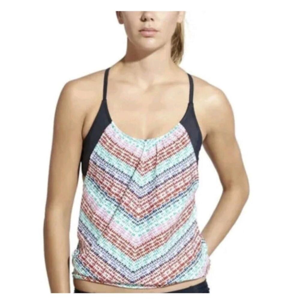 Athleta Moxie Blousy Tankini Swim Top 32D/DD Chevron Multicolor